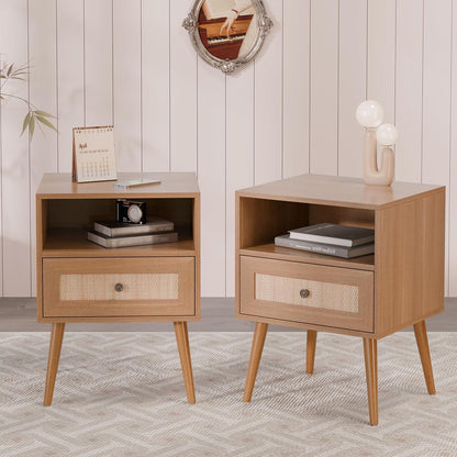 Modern Wicker Rattan Stand Set of 2, Rattan Stand with Drawer and Small Space, Wooden Side Table for Small Spaces, Natural Wood Bedside Table for Bedroom (no Charing Station, 2)