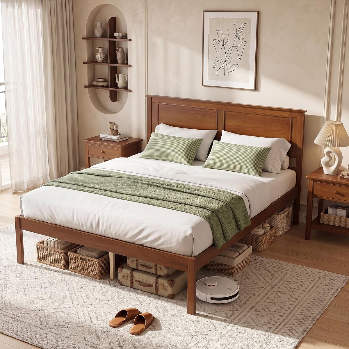 Full Size Bed Frame, Farmhouse Wooden Platform Bed with Headboard