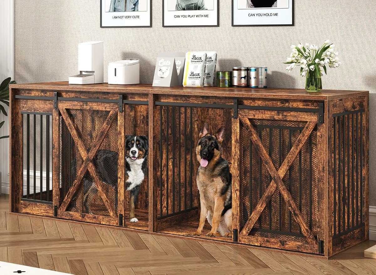 94.5 inch XXXL Double Dog Crate Furniture, Rustic Brown