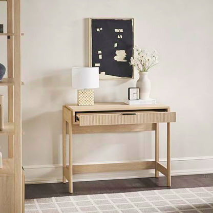 Transitional Office Design, Reeded Drawer Front Detail, Writing Desk with Drawer, Spacious Desktop, Complementary in Living Spaces, 38 Inch, Coastal Oak