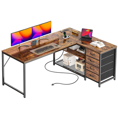 53" L Shaped Desk with Power Outlets & 4 Drawers
