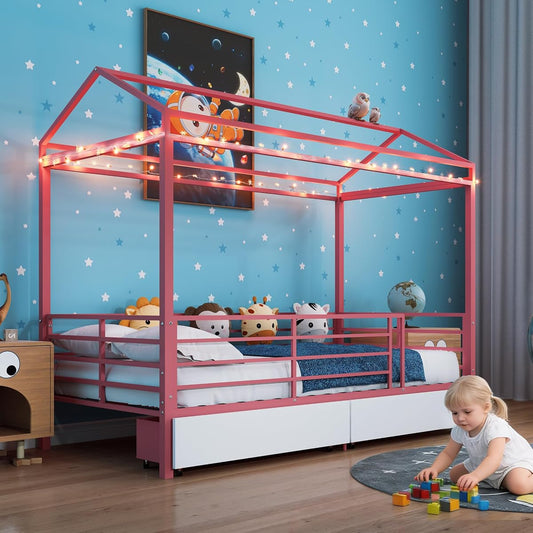 LUMISOL Twin House Bed Frame with Drawers & Guardrail