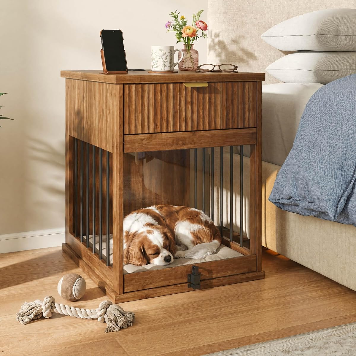 Dog Crate Furniture,Wooden Dog Kennel End Table,Walnut