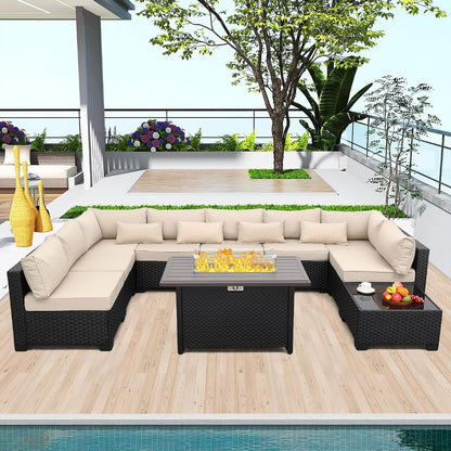 10 Pieces Outdoor Sectional All-Weather Wicker Patio Furniture Set Patio Sectional and Steel Fire Table and Glass Patio Table Non-Slip Cushions and Waterproof Covers, Khaki