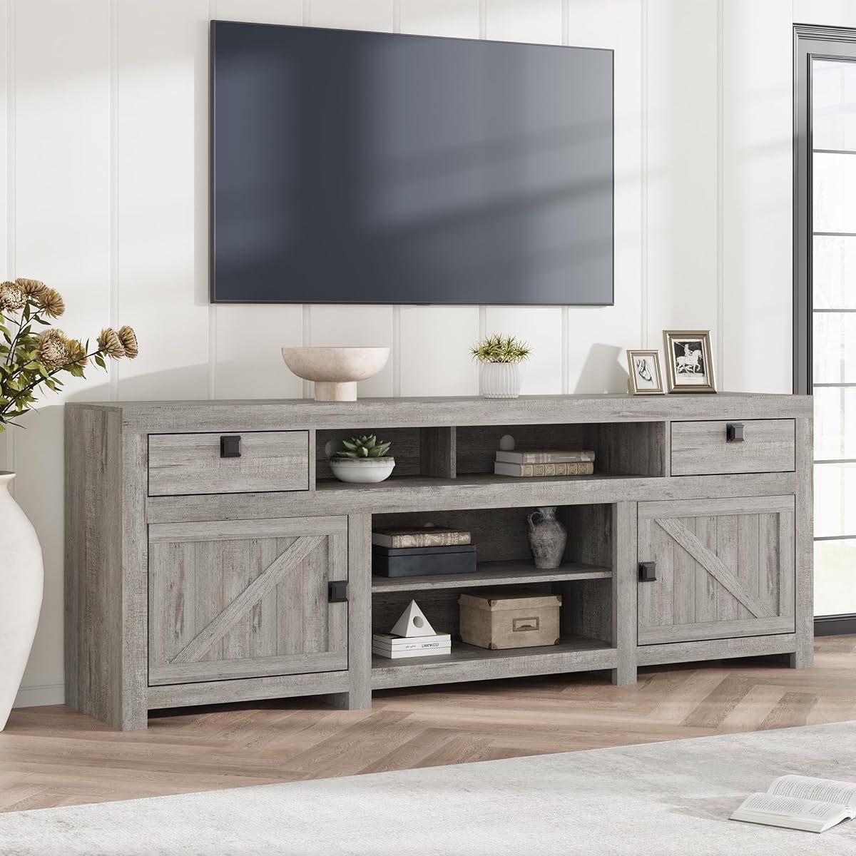 Farmhouse TV Stand for Tv Up to 80 Inches, 70 in Long Entertainment Center with 4 Storage Drawers & 3 Open Shelf, Television Consoles Stands for Living Room, Bedroom-Antique Grey
