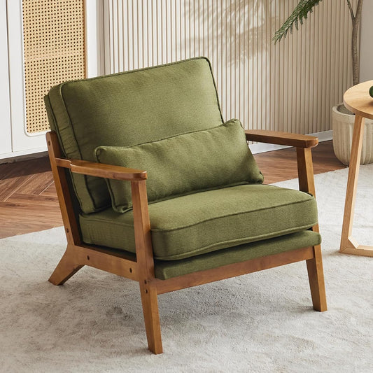 Mid-Century Lounge Accent Chair, Green | Wide Curved Armrest, Linen Fabric, Lumbar Pillow Included, Solid Wood Frame, For Living Room, Bedroom, Balcony, Apartment