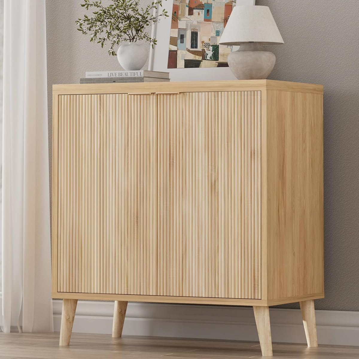 Buffet Cabinet with Storage, Modern Fluted Accent Sideboard with Doors & Adjustable Shelf, Buffet Table Entryway Cabinets for Living Room, Kitchen, Dining Room, Hallway, Natural
