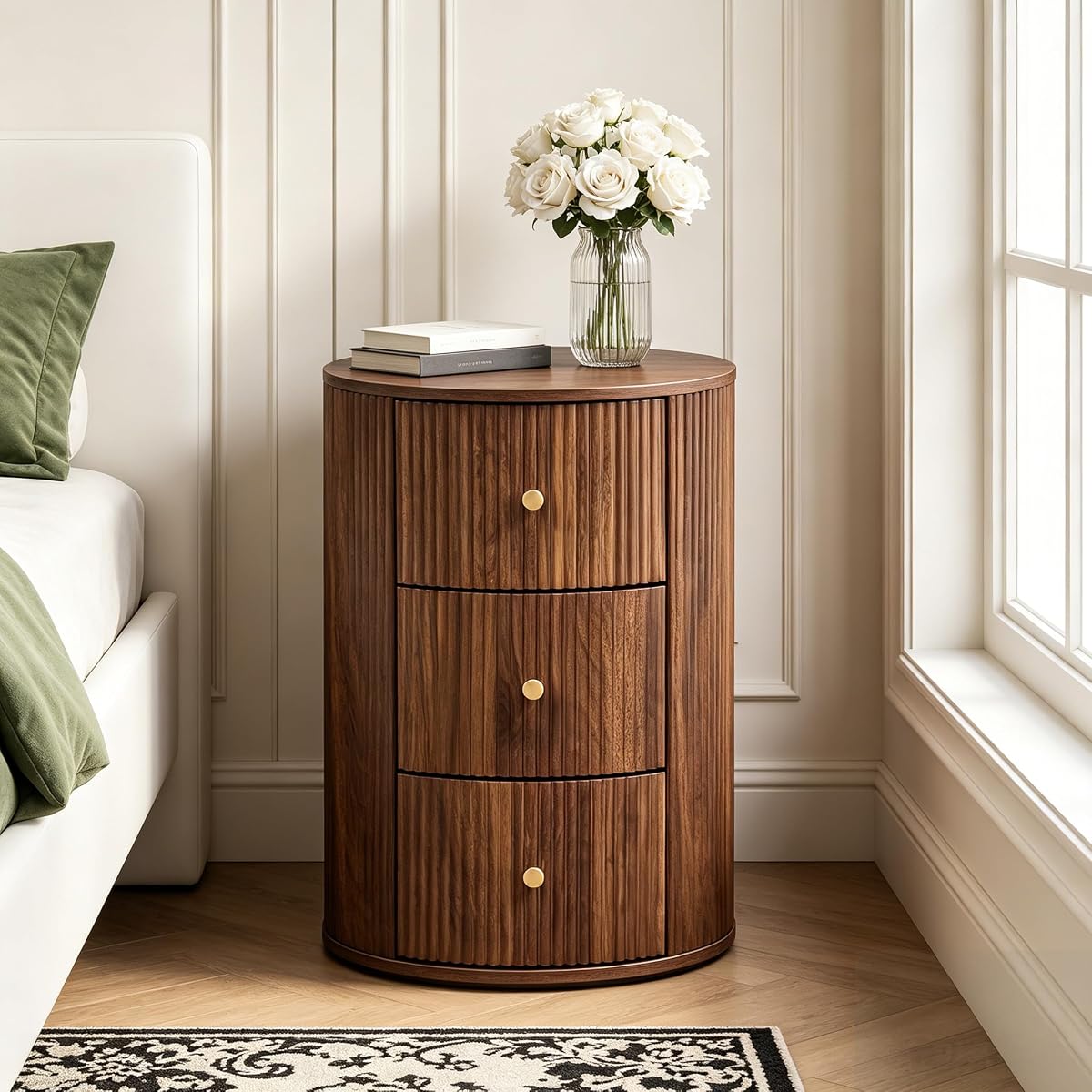 Fully Assembled Round End Table, Fluted Mid Century Side Table with 3 Storage Drawers for Living Room, Bedroom, Couch (Walnut-1 pc)