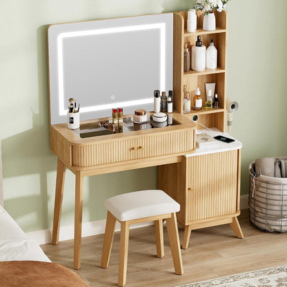 Fluted Makeup Vanity Desk with Mirror and Lights