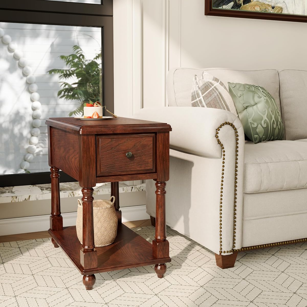 Narrow End SideTable with Drawer and Storage Shelf, Solid Wood Sofa Tables, Slim Beside Table- Telephone for Small Spaces, Living Room, 22"L x 13"W x 22.7"H No-tools Assembly Dark Walnut BBJ004DWA