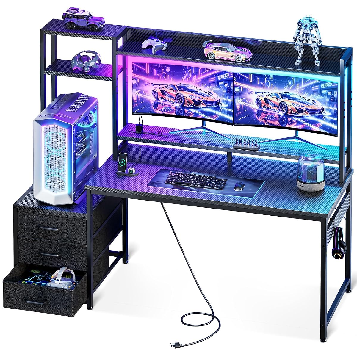 55 Inch Gaming Desk with Hutch & LED Lights & PC Tower Stand