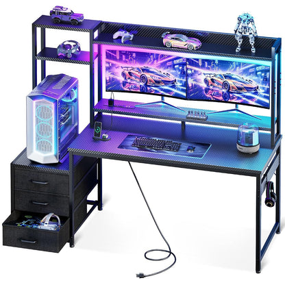 55 Inch Gaming Desk with Hutch & LED Lights & PC Tower Stand