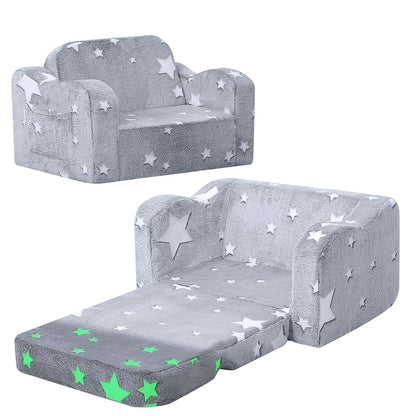 Glowing Star Kids Chair, 2-in-1 Foldable Kids Couch with Glow-in-the-Dark Star Design, Soft Foam Fold Out Lounger for Playroom and Reading, Washable Cover, Gift for Boys and Girls