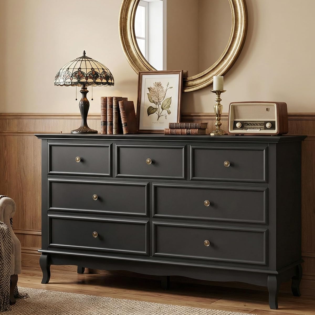 53" Wide 7 Drawer Dresser, Black Dresser for Bedroom