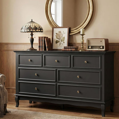 53" Wide 7 Drawer Dresser, Black Dresser for Bedroom