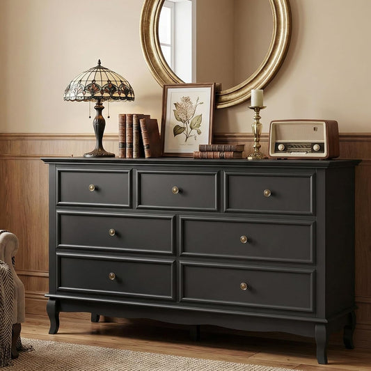 53" Wide 7 Drawer Dresser, Black Dresser for Bedroom
