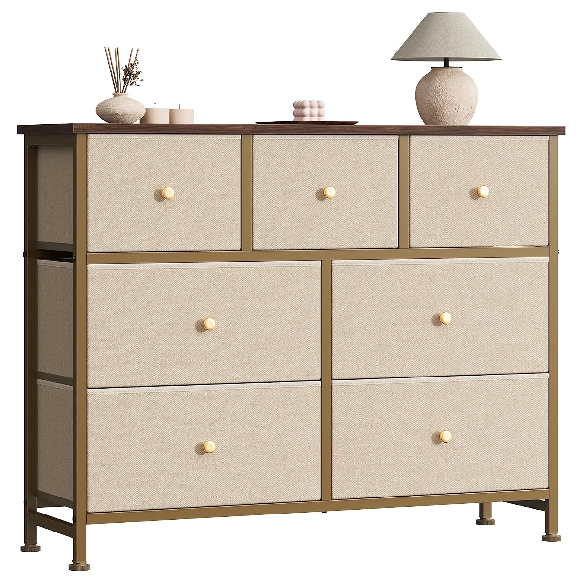7 Drawer Dresser for Bedroom Storage with Fabric Bins, Khaki