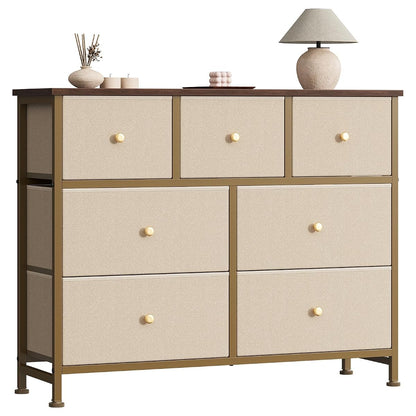 7 Drawer Dresser for Bedroom Storage with Fabric Bins, Khaki