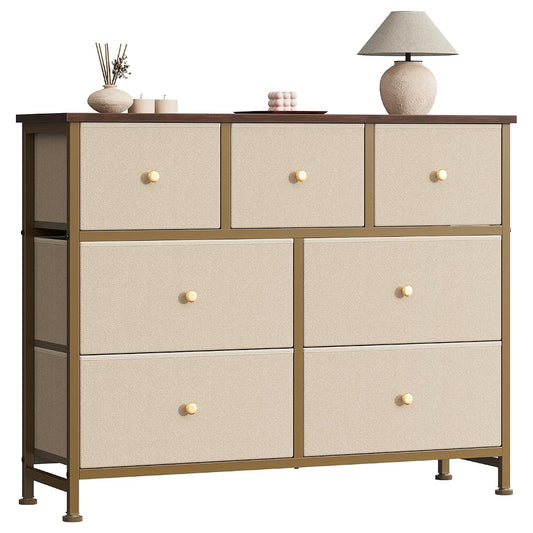 7 Drawer Dresser for Bedroom Storage with Fabric Bins, Khaki