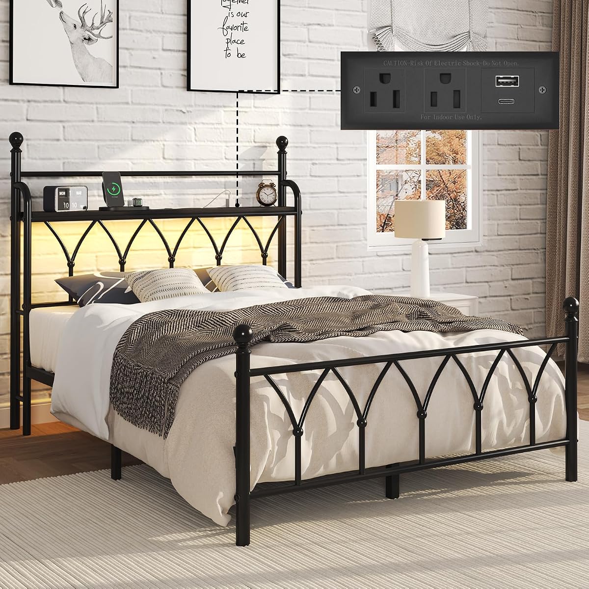 Full Size Metal Bed Frame with Storage Headboard, Charging Station, Black