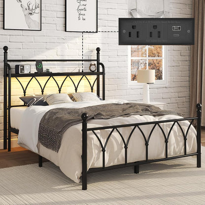 Full Size Metal Bed Frame with Storage Headboard, Charging Station, Black