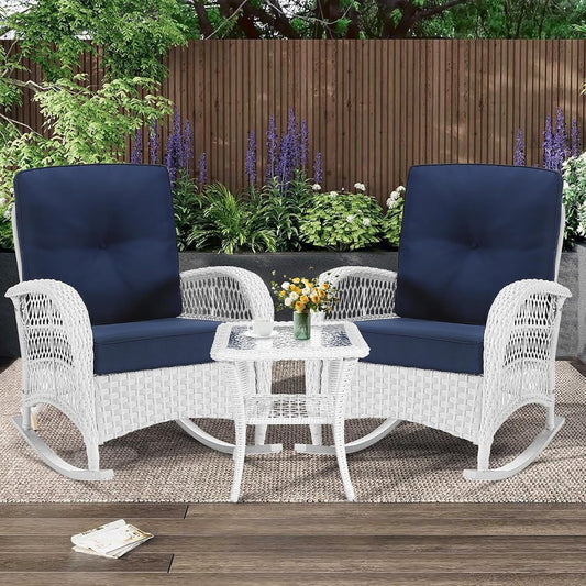 3 Pieces Patio Conversation Set, Rattan Outdoor Rocking Patio Bistro Set with 2 Rockers and 1 Side Table with 4" Thick Cushions, Outdoor Furniture Set for Porch Backyard, White Wicker/Navy