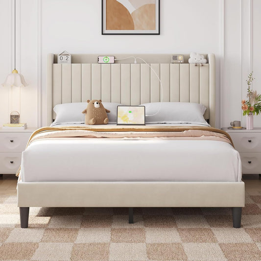 Yaheetech Queen Bed Frame with Channel-Tufted Storage Headboard, Beige