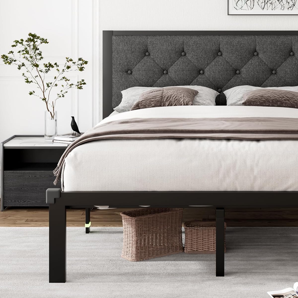 Full Size Metal Bed Frame, Linen Platform Bed Frame with Button Tufted Headboard