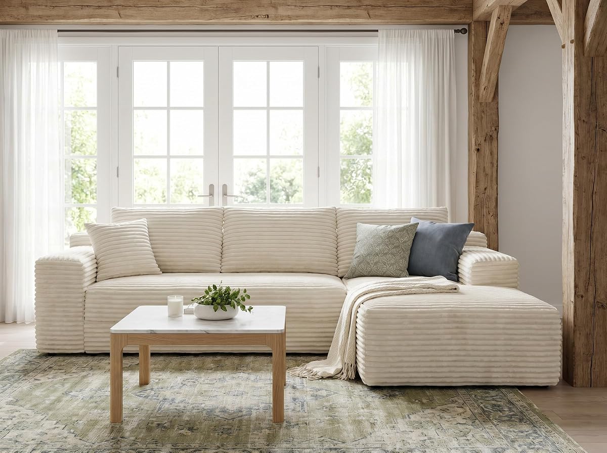 106'' Modular Sectional Sofa, L-Shaped Boneless Cloud Couch with Chaise Lounge, 4-in-1 Flexible Combination Faux Rabbit Fur & Layered Cushion Deep Seat, No Assembly, Beige Right Facing Chaise