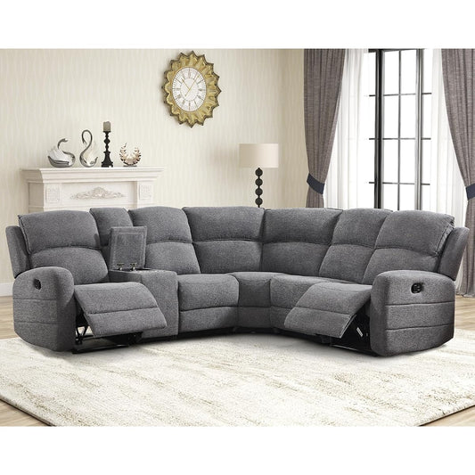 Fabric L-Shaped Reclining Sectional Sofa Couch for Living Room, Manual Recliner Oversized Sofa, with Padded Headrest, 2 Cup Holders, Storage Space, 5-Seater Home Furniture Set, Grey