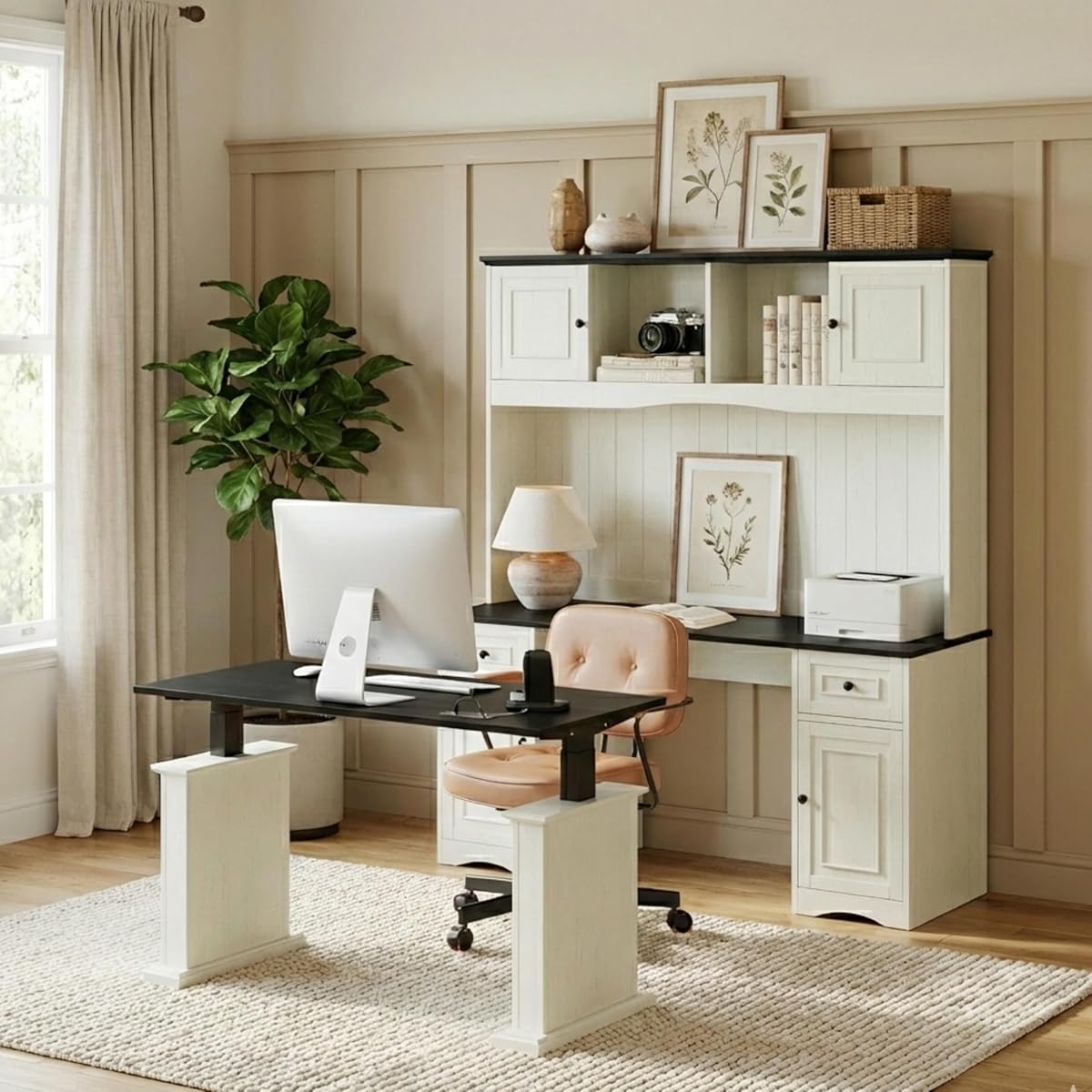 60" Adjustable L Shaped Executive Desk with Hutch and Storage Cabinet, Farmhouse Computer Desk with Charging Station, Reversible Home Office Workstation, Antique White
