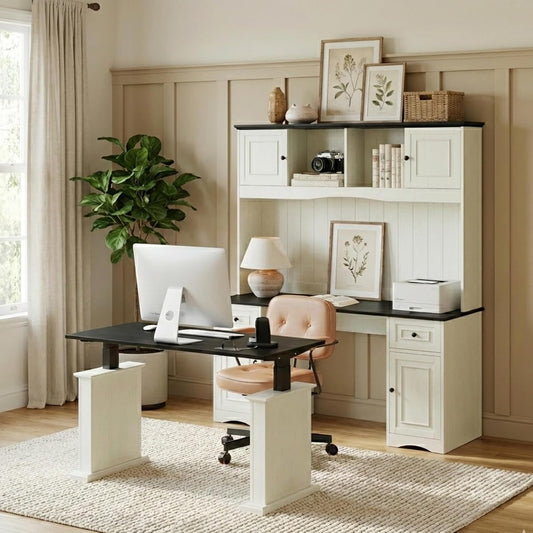 60" Adjustable L Shaped Executive Desk with Hutch and Storage Cabinet, Farmhouse Computer Desk with Charging Station, Reversible Home Office Workstation, Antique White