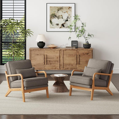 Mid Century Modern Accent Chair Set of 2 with Lumbar Pillow, Relaxing Armchair with Solid Wood Frame & Soft Cushion, Reading Leisure Chair for Living Room（Grey）