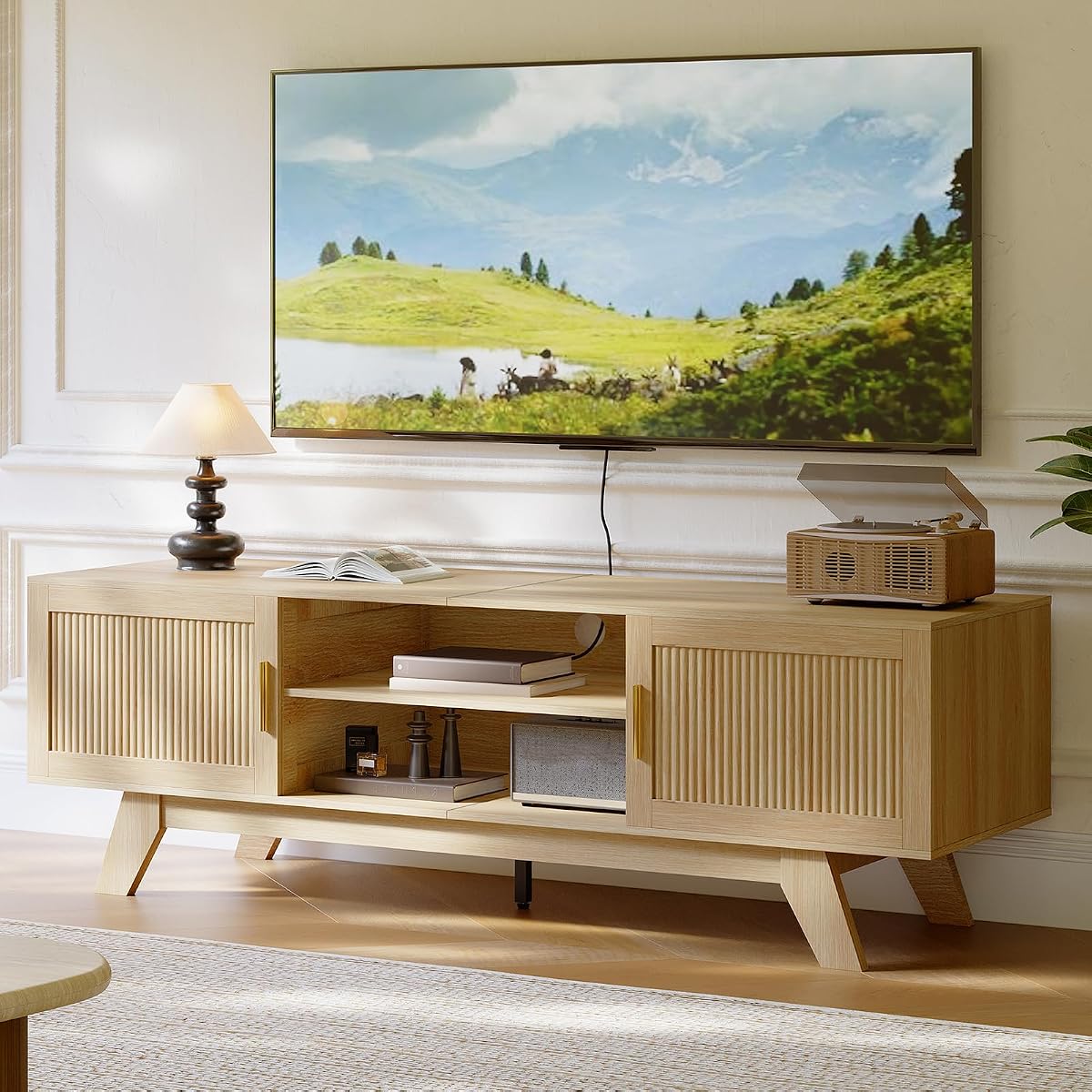 59.5" Fluted TV Stands for 65 Inch TV, Mid Century Modern