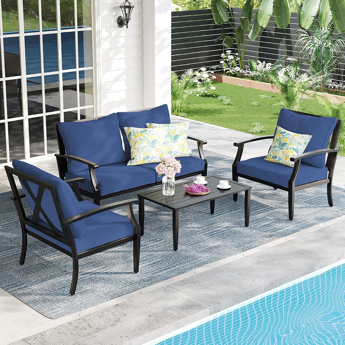 4-Piece Patio Furniture Set, Wider Outdoor Metal Seating Sofa with High Back & Loveseat, Coffee Table, All Weather Metal Conversation Set for Backyard, Poolside, Deck-Navy