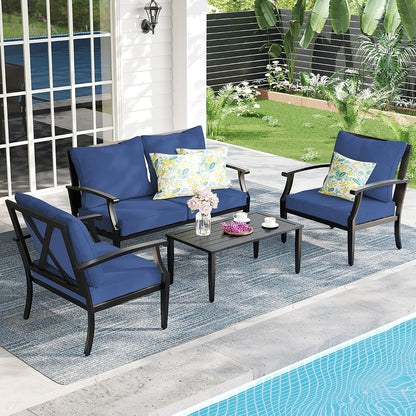 4-Piece Patio Furniture Set, Wider Outdoor Metal Seating Sofa with High Back & Loveseat, Coffee Table, All Weather Metal Conversation Set for Backyard, Poolside, Deck-Navy