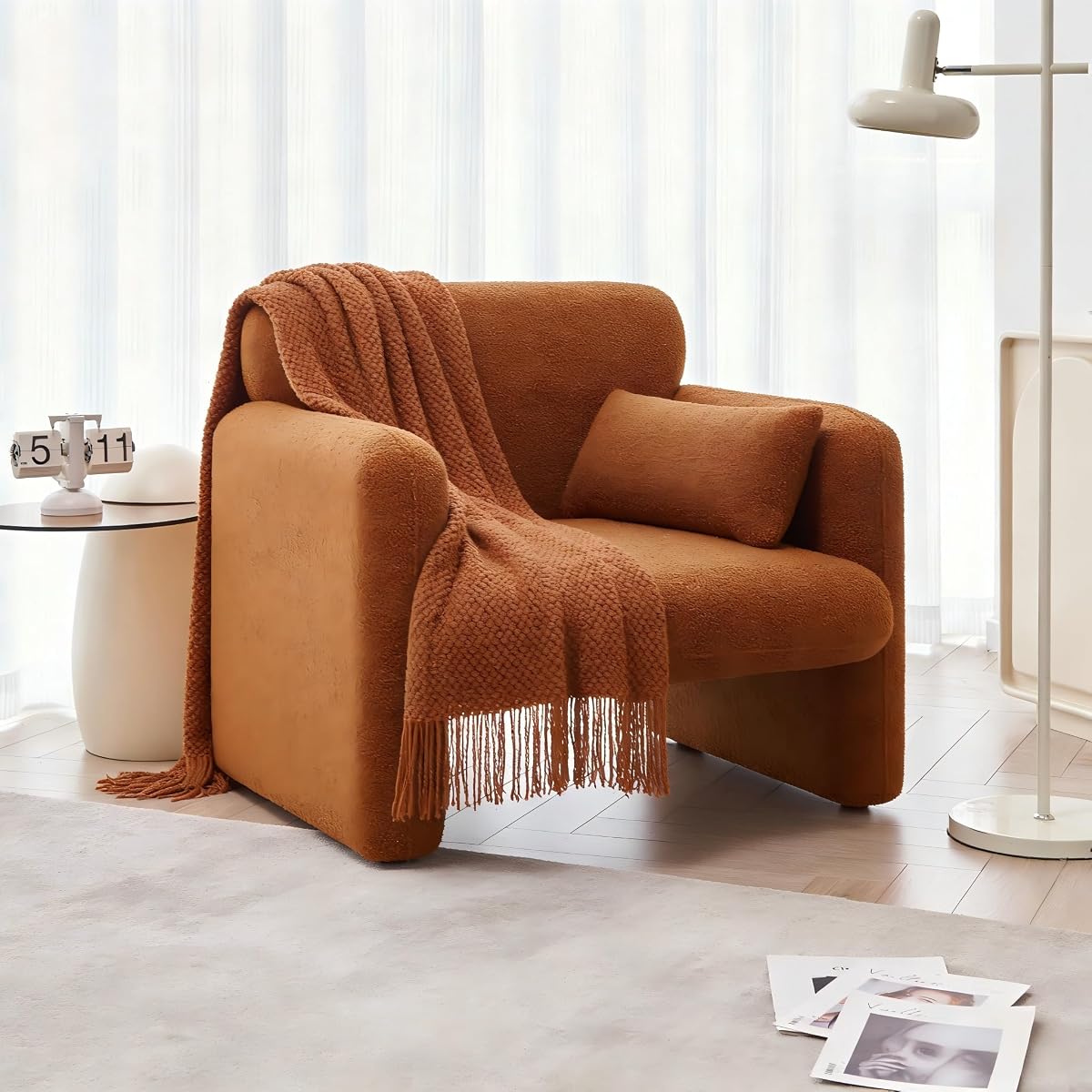 33.86" Accent Chairs, Modern Velvet Fabric Arm Chair Comfy Upholstered Armchair Leisure Single Sofa Chair with a Waist Pillow for Bedroom, Office and Living Room (Orange, 33.9")