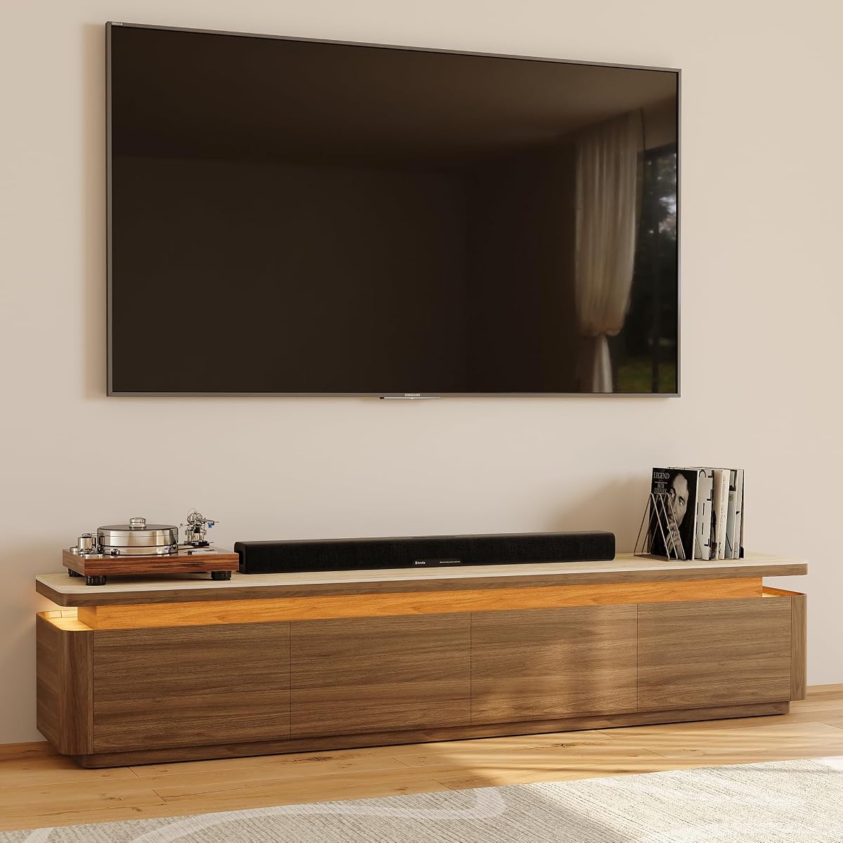 79" Fully Assembled TV Stand with Adjustable LED Lights, Walnut