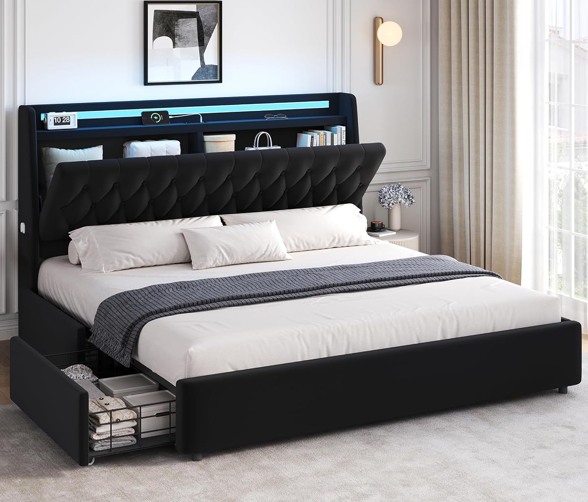 King Size Bed Frame with 2 Storage Drawers & Hidden Headboard
