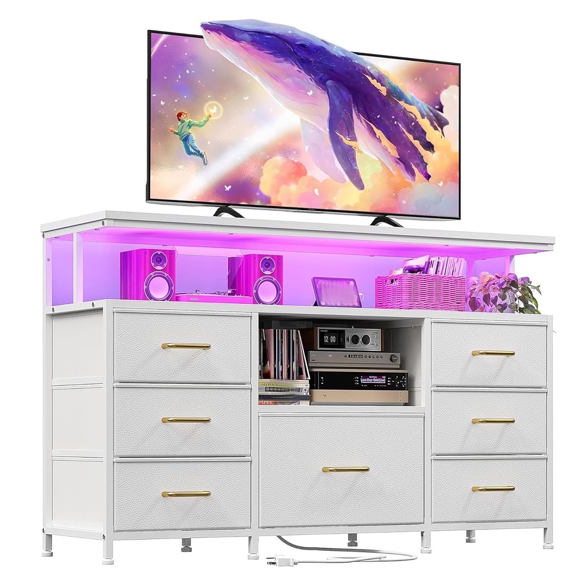 Dresser TV Stand for 55" TV, 7 Fabric Drawer Dressers and 2 Open Storage Shelves, White Dresser for Bedroom with LED Lights & Power Outlets, Closet, Entryway, Hallway, Dorm
