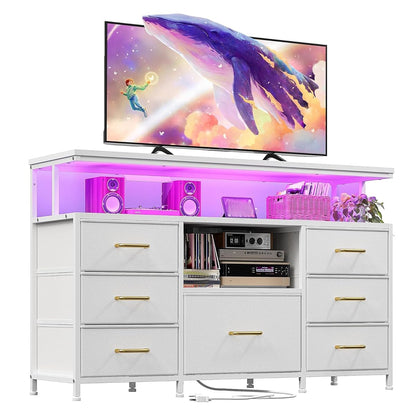 Dresser TV Stand for 55" TV, 7 Fabric Drawer Dressers and 2 Open Storage Shelves, White Dresser for Bedroom with LED Lights & Power Outlets, Closet, Entryway, Hallway, Dorm