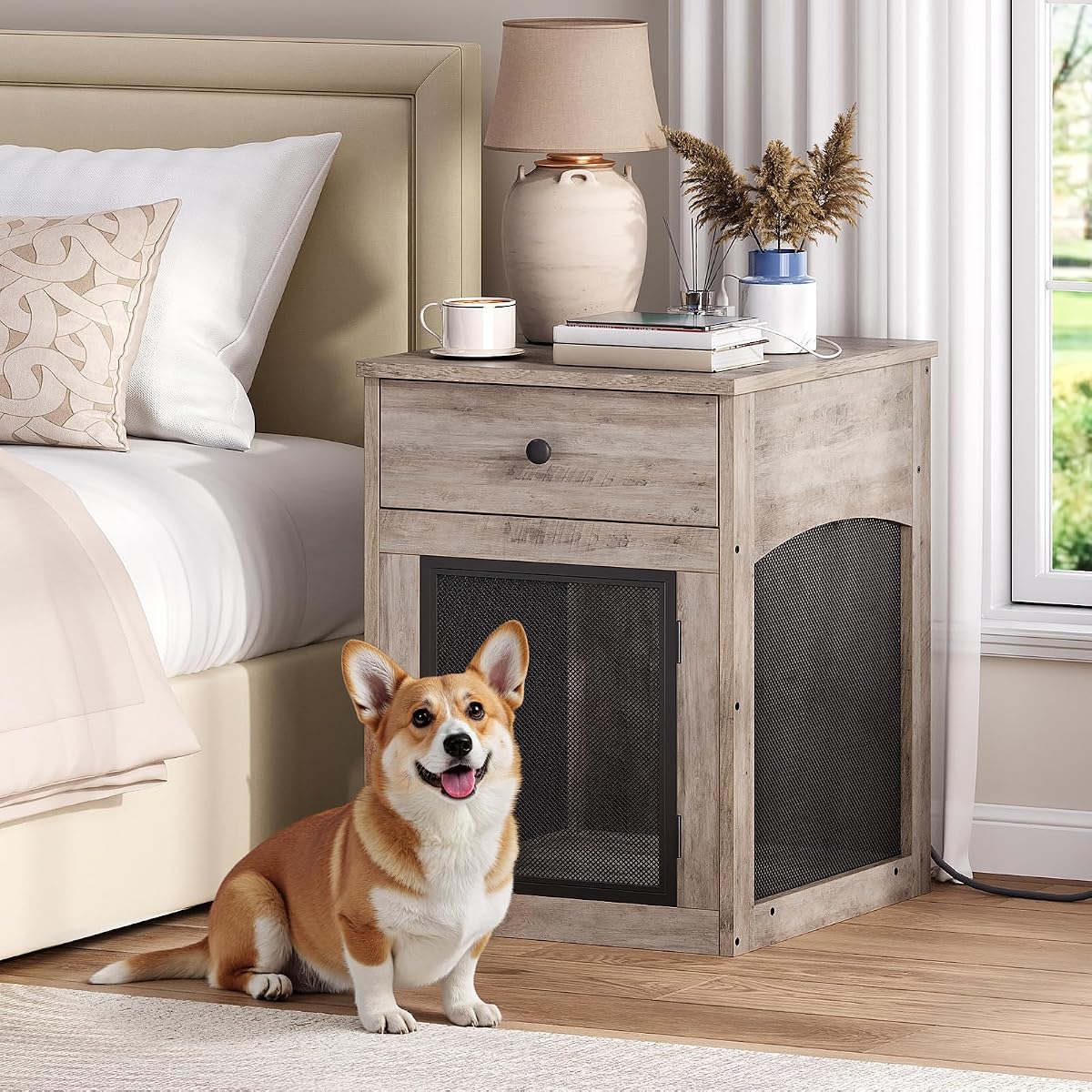 Dog Crate Furniture, Dog Kennel with Drawer and Charging Station
