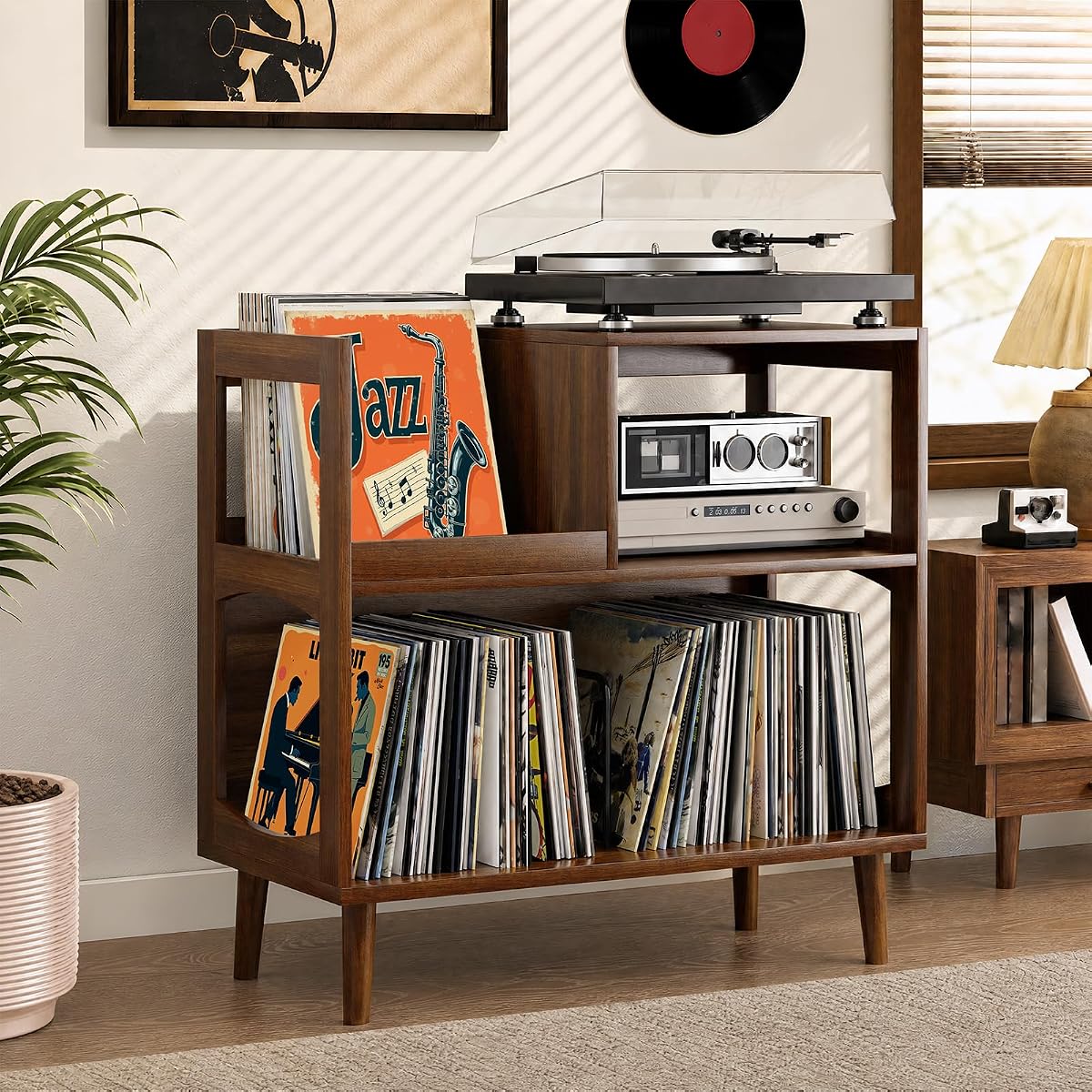 Record Player Stand with Vinyl Storage, Mid-Century Turntable Stand, Walnut