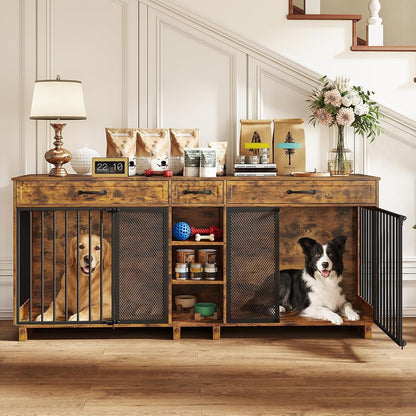 82" Double Dog Crate Furniture with Drawers and Shelves, Brown