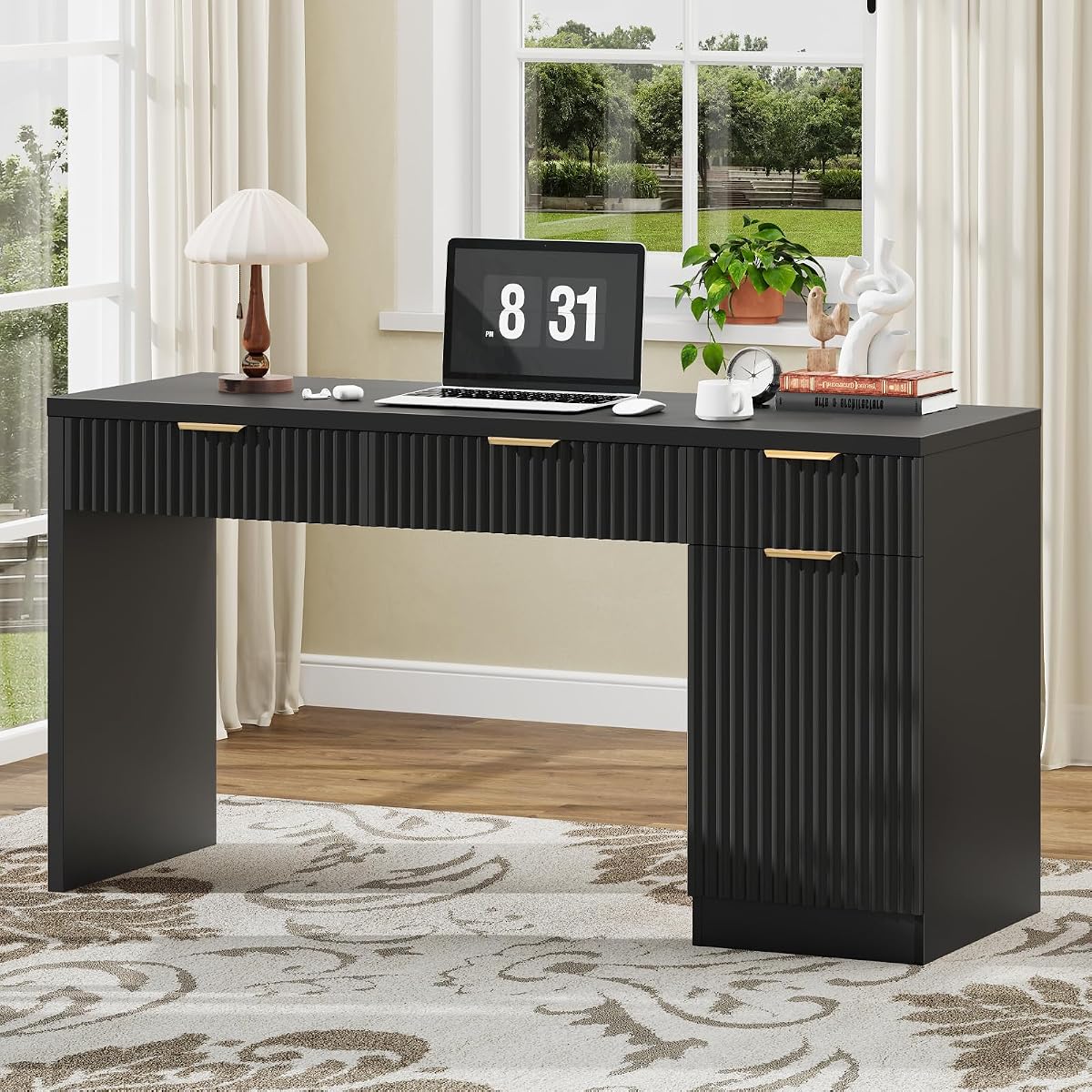 60" Executive Desk with Fluted Drawers, Fluted Desk, Black