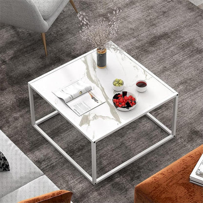 Square Coffee Table with Faux Marble Tabletop & Steel Frame, Center Cocktail Table, Accent Living Room Furniture, Low Bedside Table, Easy Assembly (White)