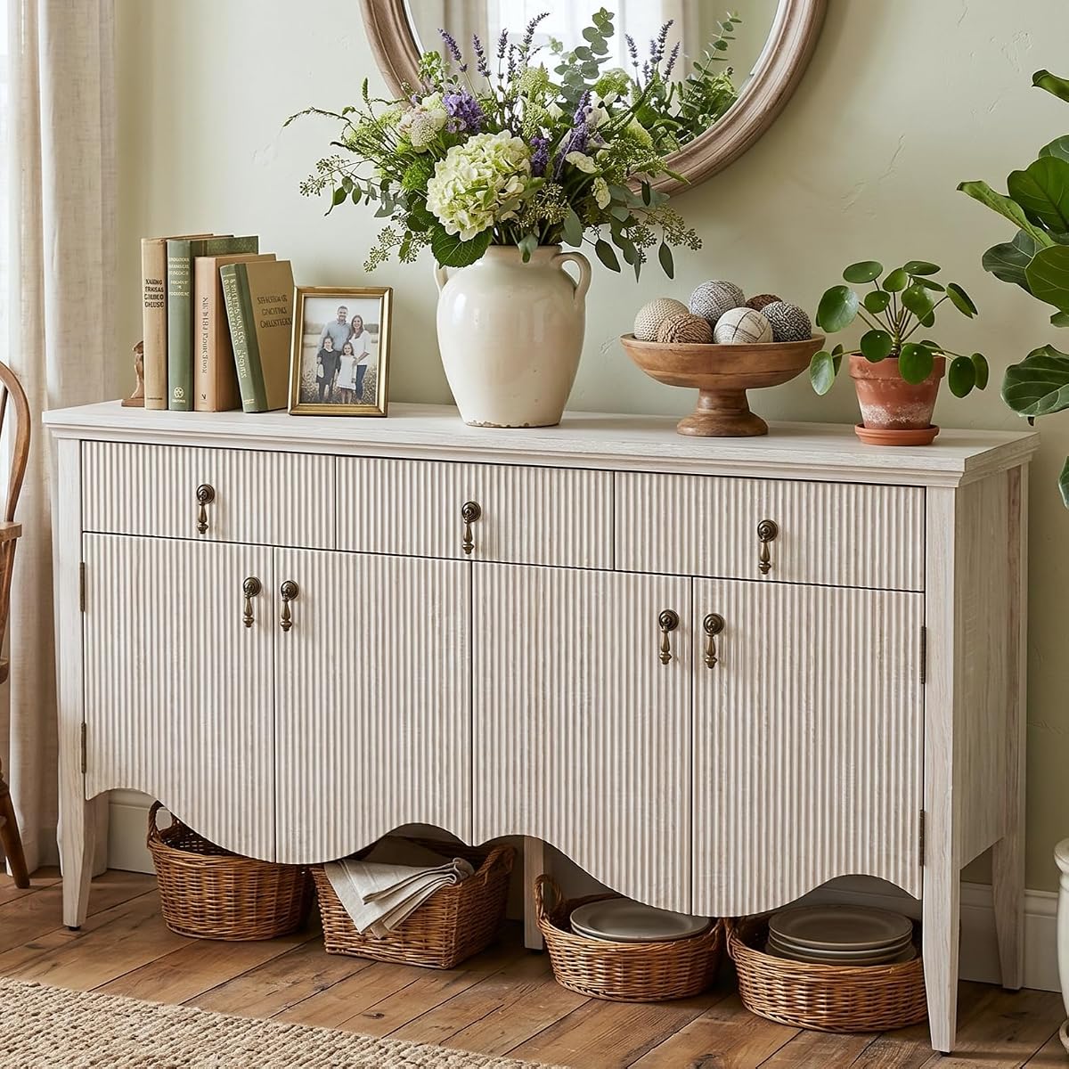 57" Fluted Sideboard Buffet with Storage, 4 Doors & 3 Drawers, Oak