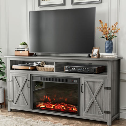 Farmhouse Fireplace TV Stand for TVs up to 65+ Inch, Gray Wash