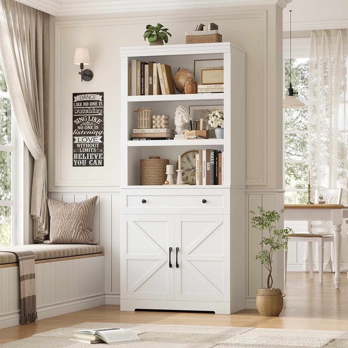 72" Tall Book Shelf and Bookcase, 14" Deep Bookshelf with Drawer and Doors, Farmhouse Book Case with Storage, Wood Storage Cabinet with Display Shelves for Home Office, Living Room, White