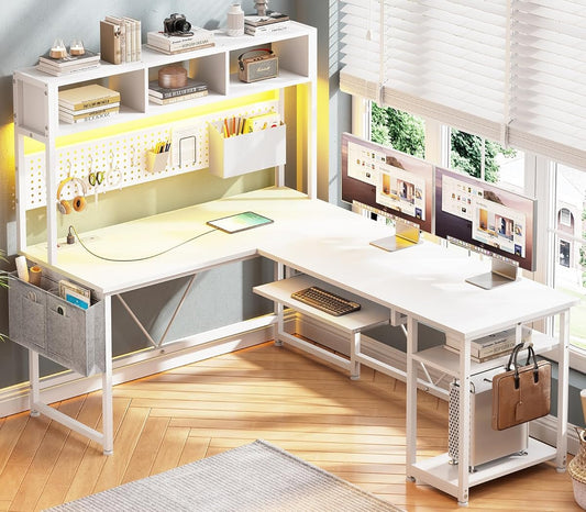 White L Shaped Office Desk, 57.5” Corner Computer Desk with Power Outlet Pegboard and Keyboard Tray, Gaming Table with LED Lights, Hutch and Storage Shelves for Home Office
